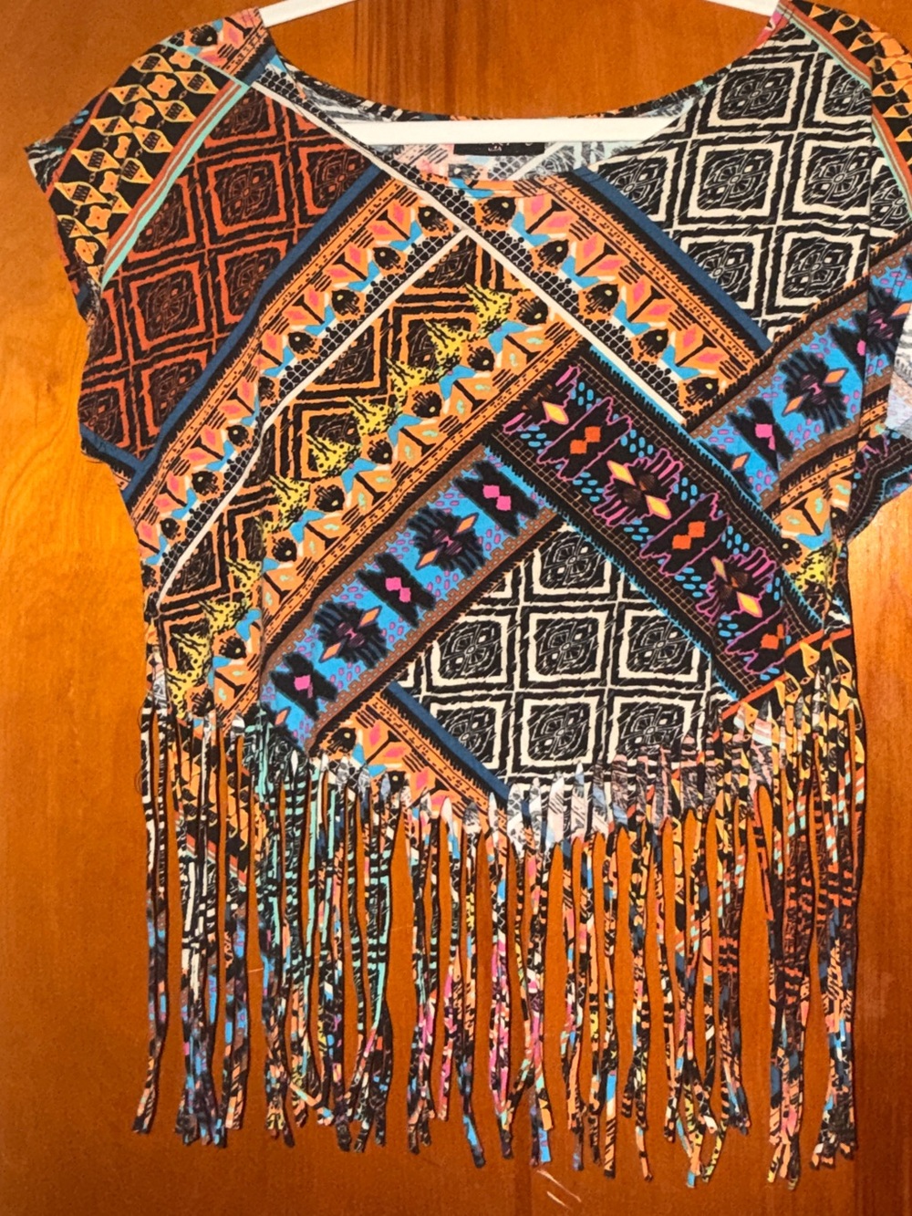 Super FUN & Vibrant Love J Aztec Tribal Print Fringe Festival Top, Size Large